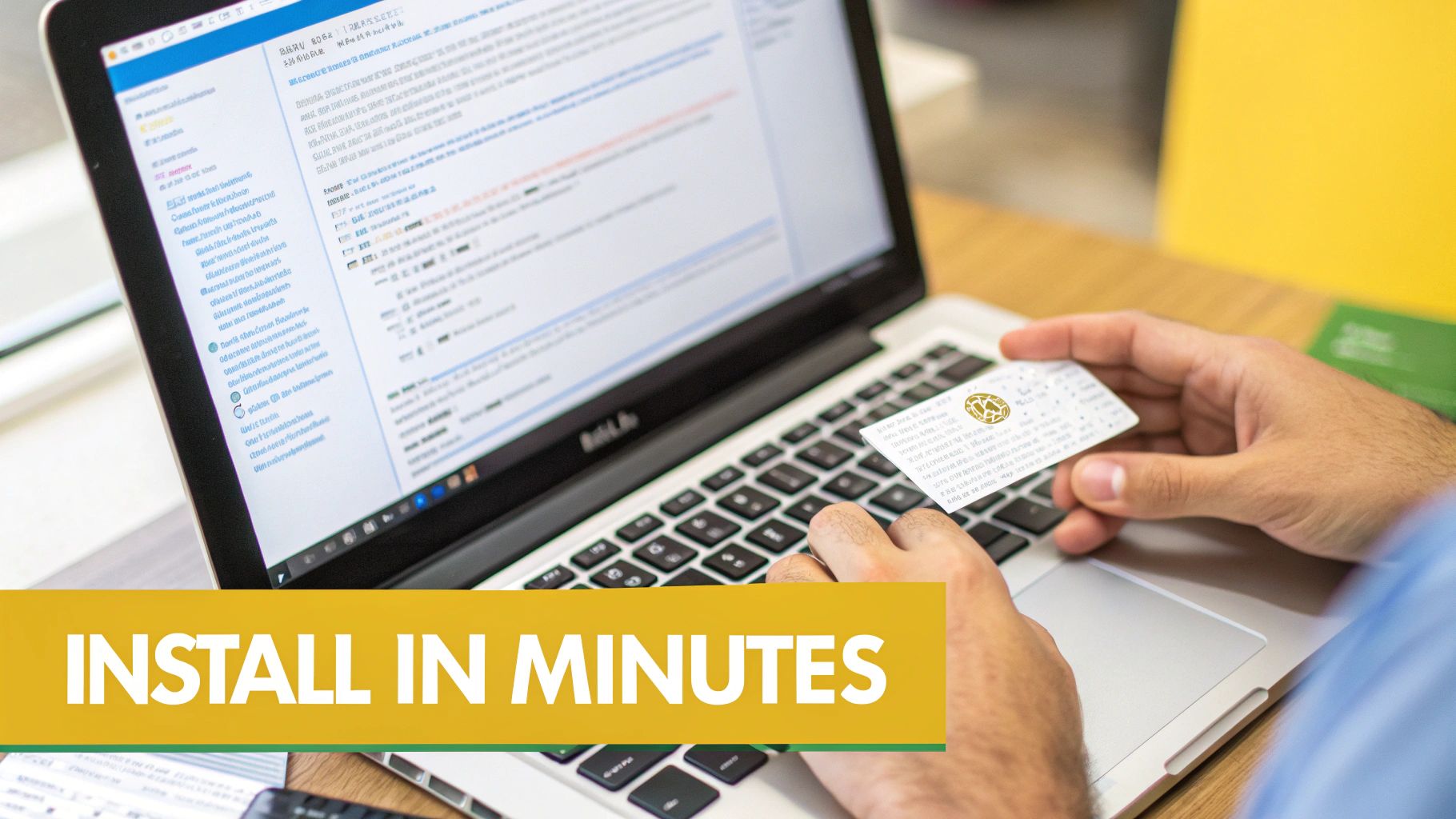 A person uses a laptop and holds a small card, with an 'INSTALL IN MINUTES' banner.