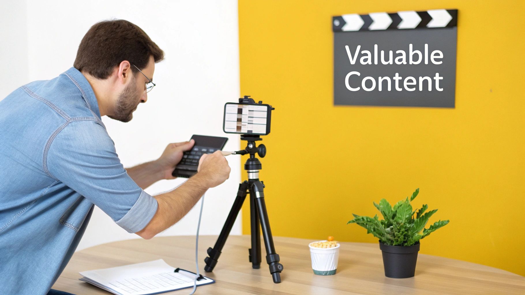 A man sets up a smartphone on a tripod, connecting a device to record valuable content.