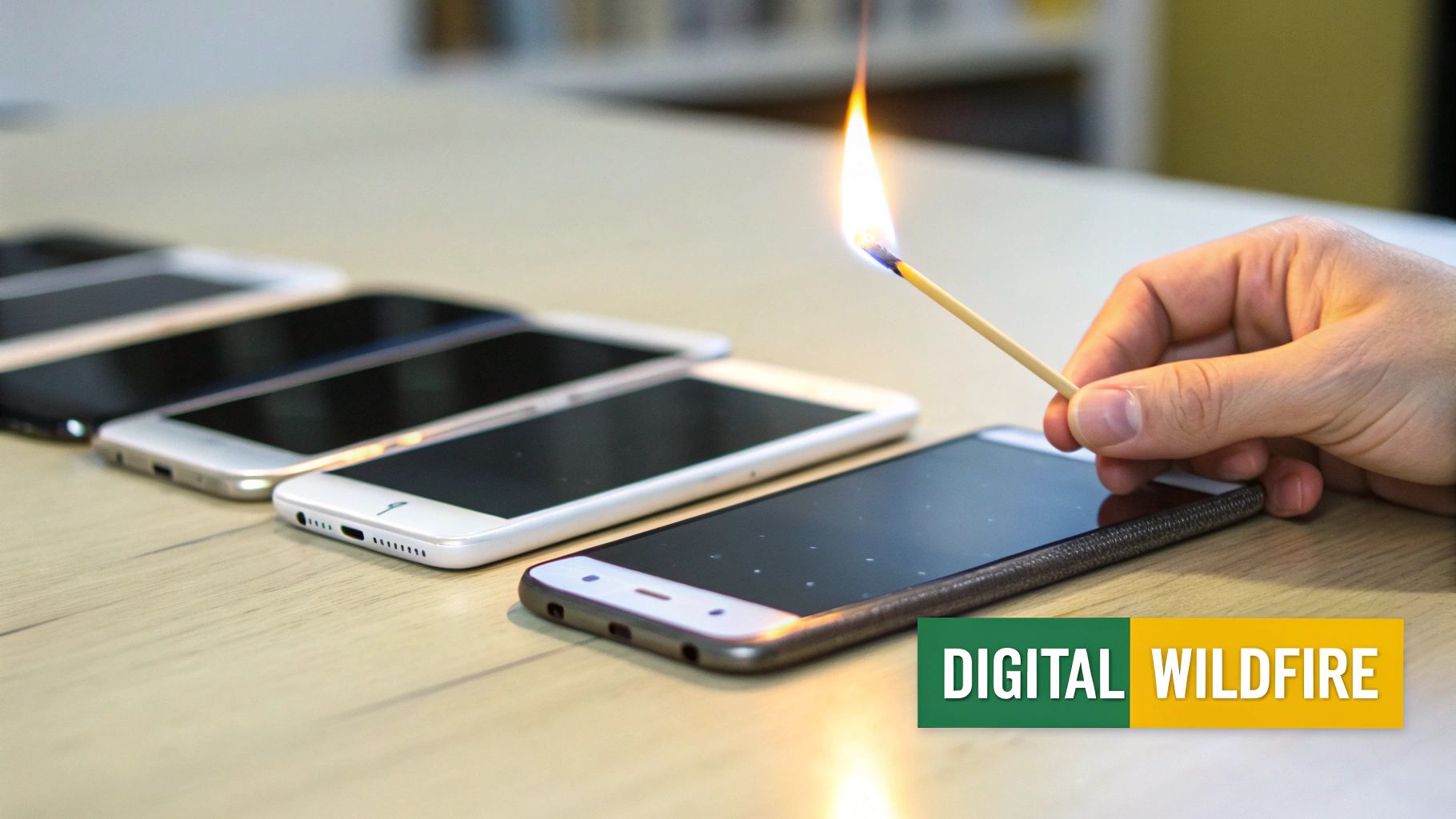 A hand holds a lit matchstick above a row of smartphones on a wooden table, with 'DIGITAL WILDFIRE' text overlay.