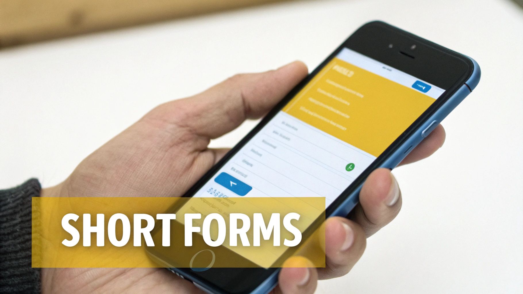 A person's hand holds a blue smartphone displaying a form with yellow highlighted sections and the text 'SHORT FORMS'.