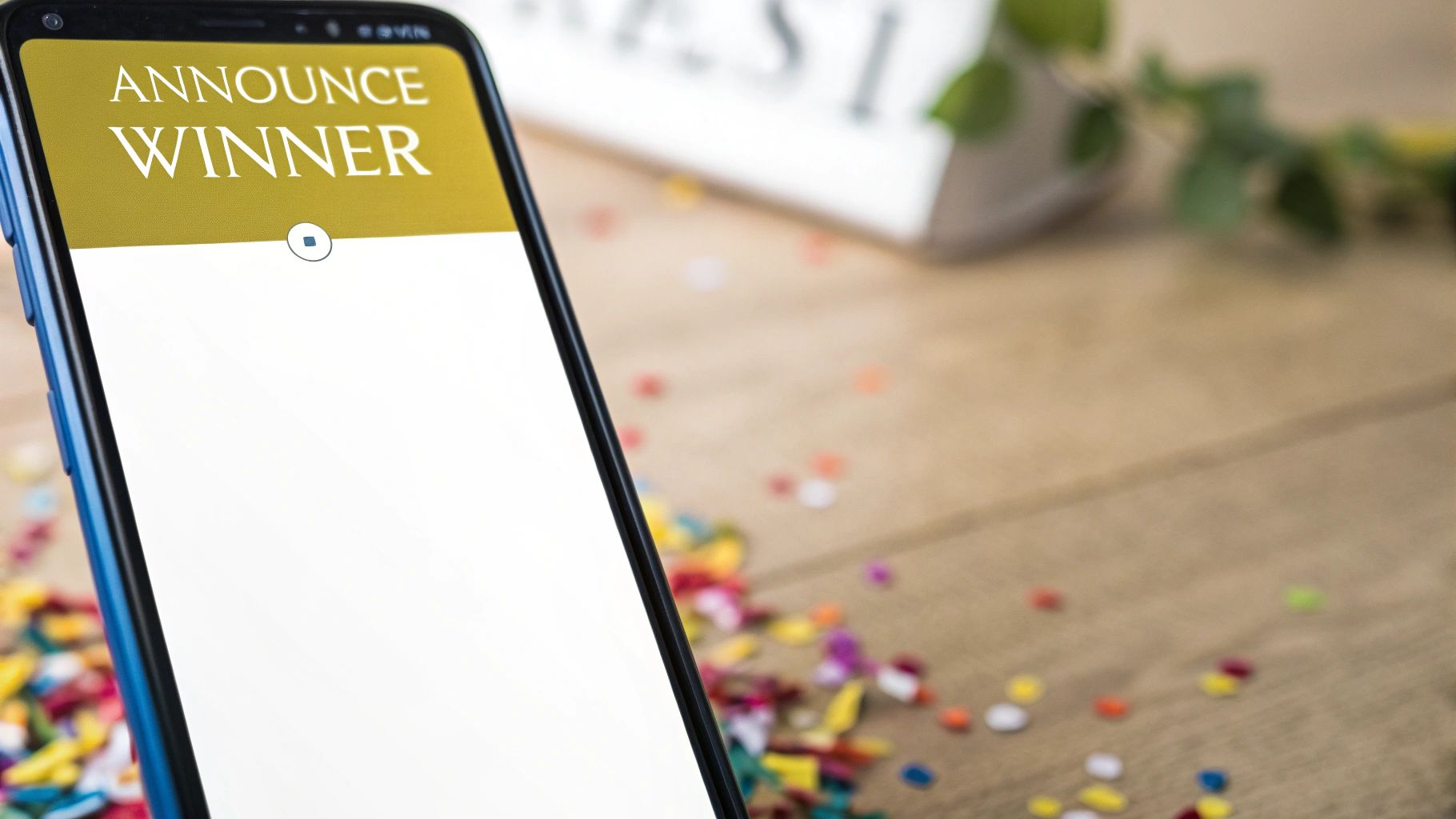 A smartphone displays 'ANNOUNCE WINNER' text on a golden screen, surrounded by colorful confetti on a wooden table.