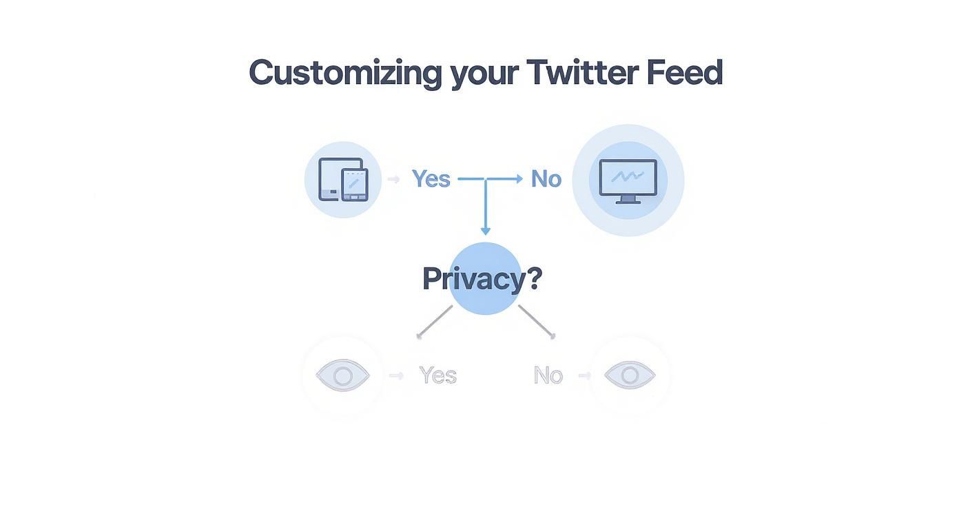 An infographic decision tree for customising a Twitter feed, showing options for responsiveness and privacy settings.