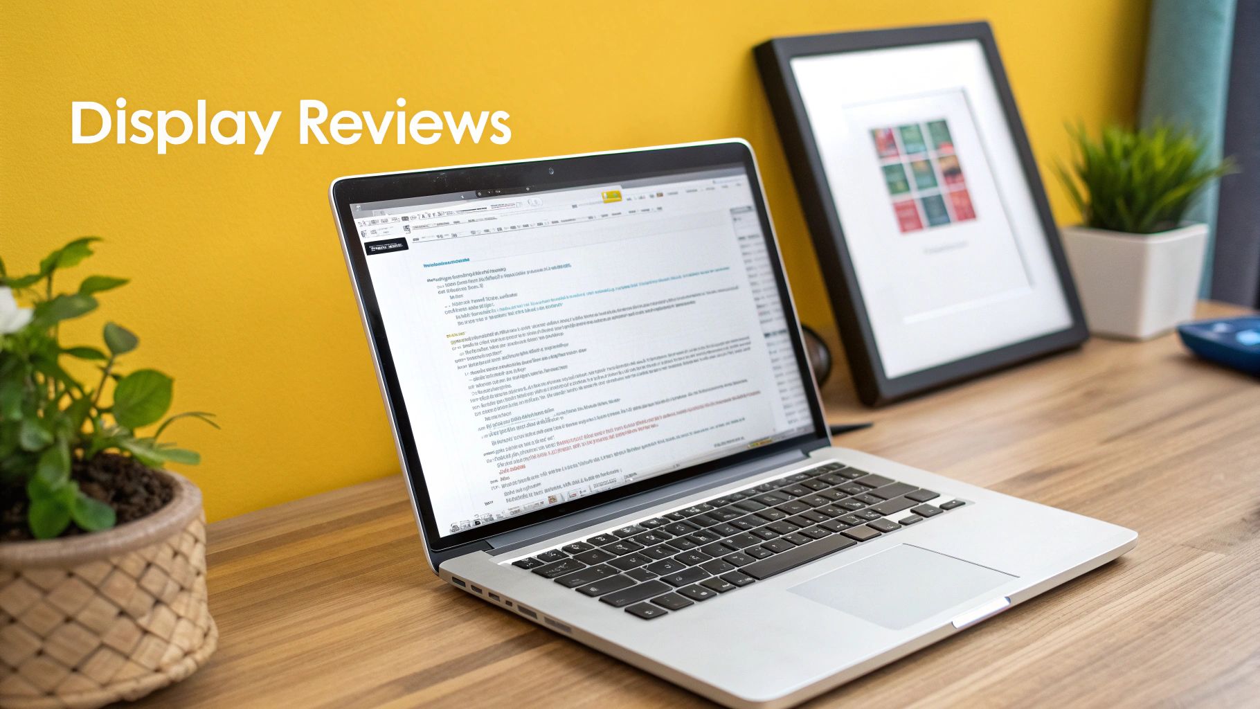 A silver laptop on a wooden desk displays a document. A houseplant and framed art are nearby. Text overlay: 'Display Reviews'.