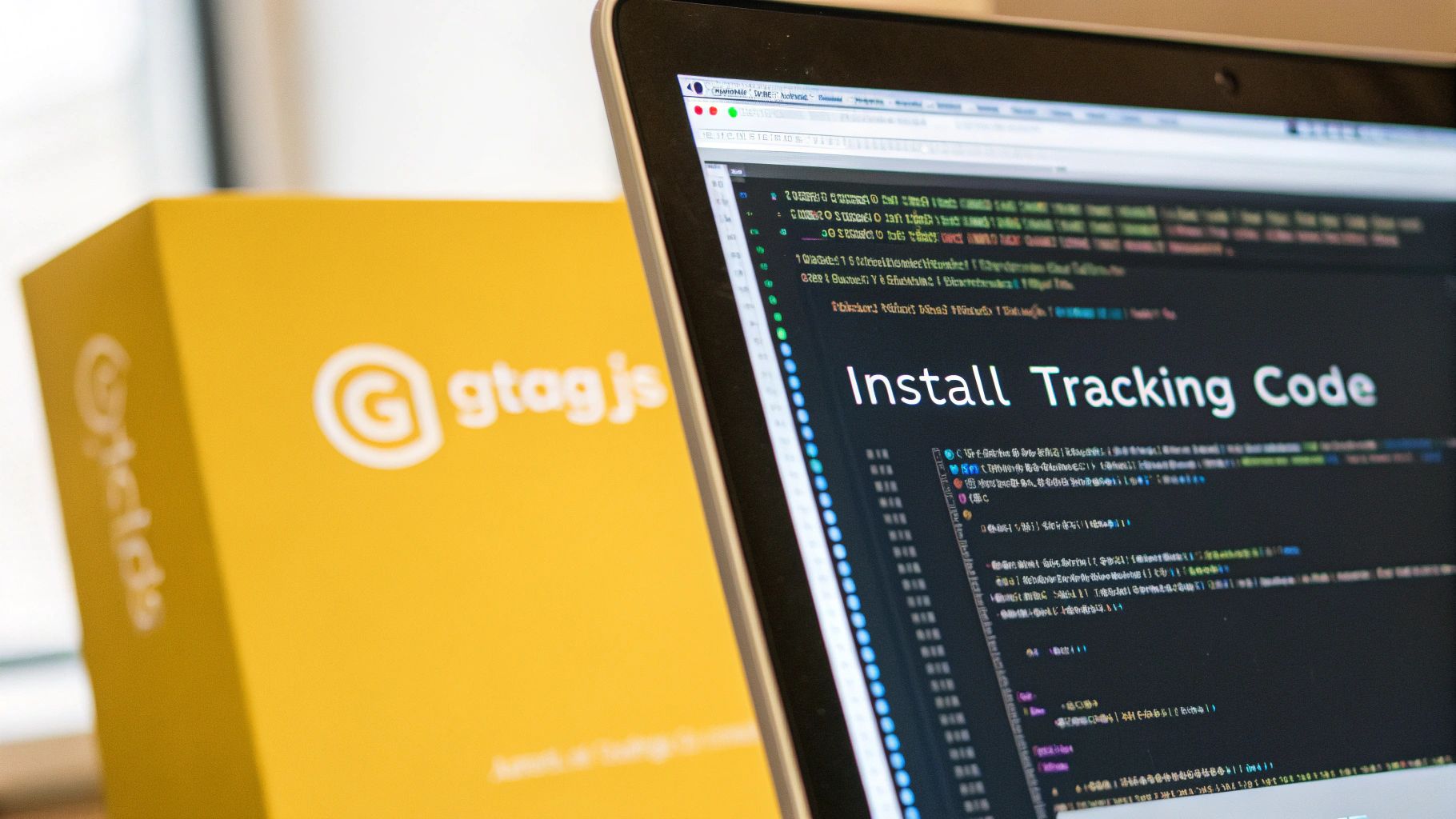 Man installing a tracking code on a laptop screen with lines of code visible.