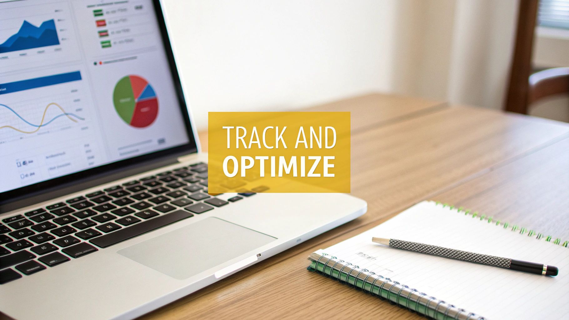 Laptop displaying performance analytics charts, with a notebook and pen, alongside a 'Track and Optimize' banner.