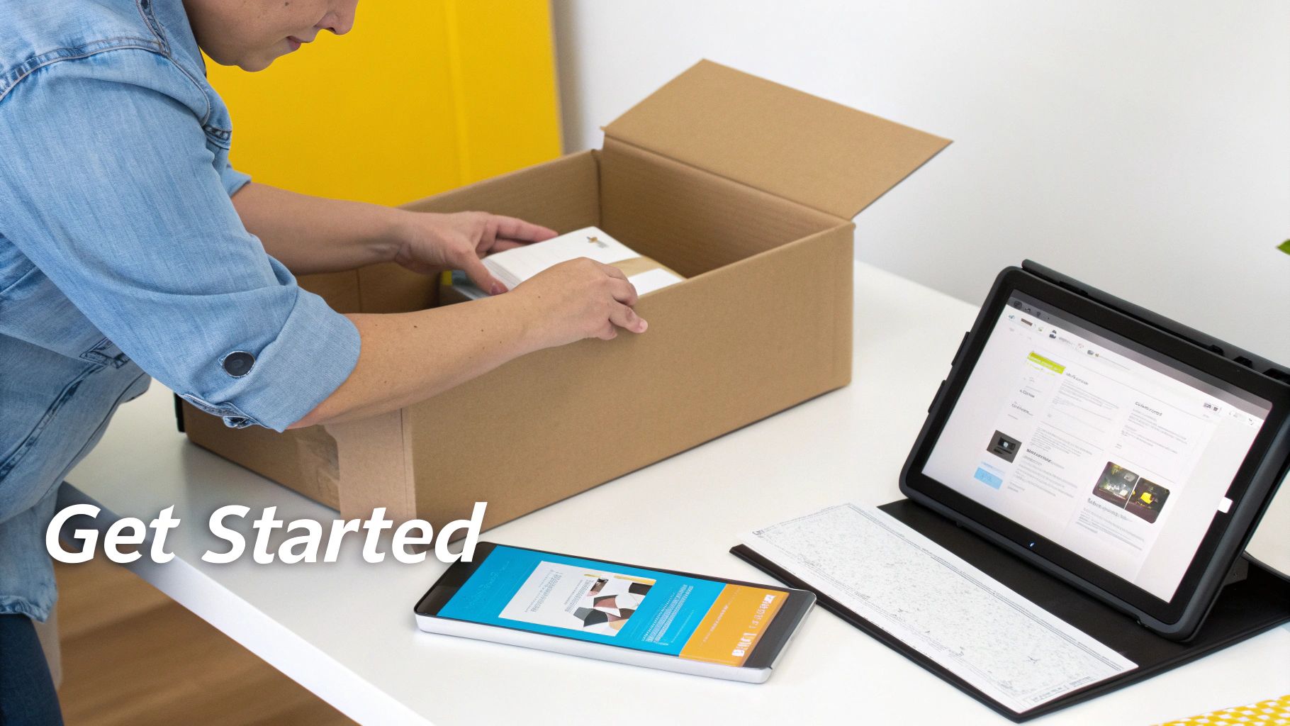 Person unboxing package at desk with tablet and laptop displaying order management system