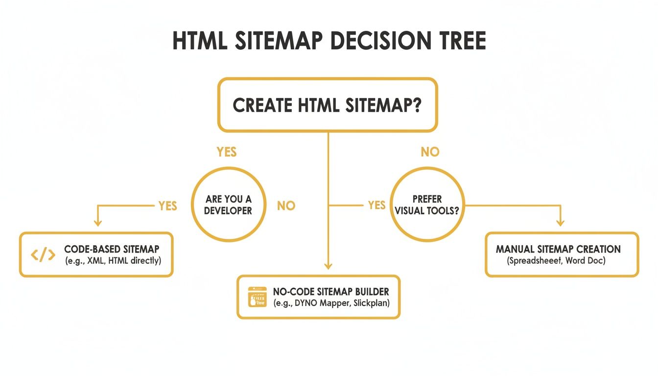 A decision tree guides users through various methods for creating an HTML sitemap.