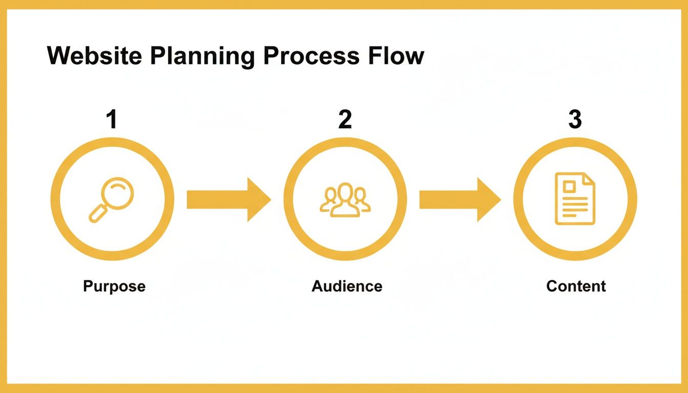 Flowchart illustrating the website planning process, showing steps for purpose, audience, and content.