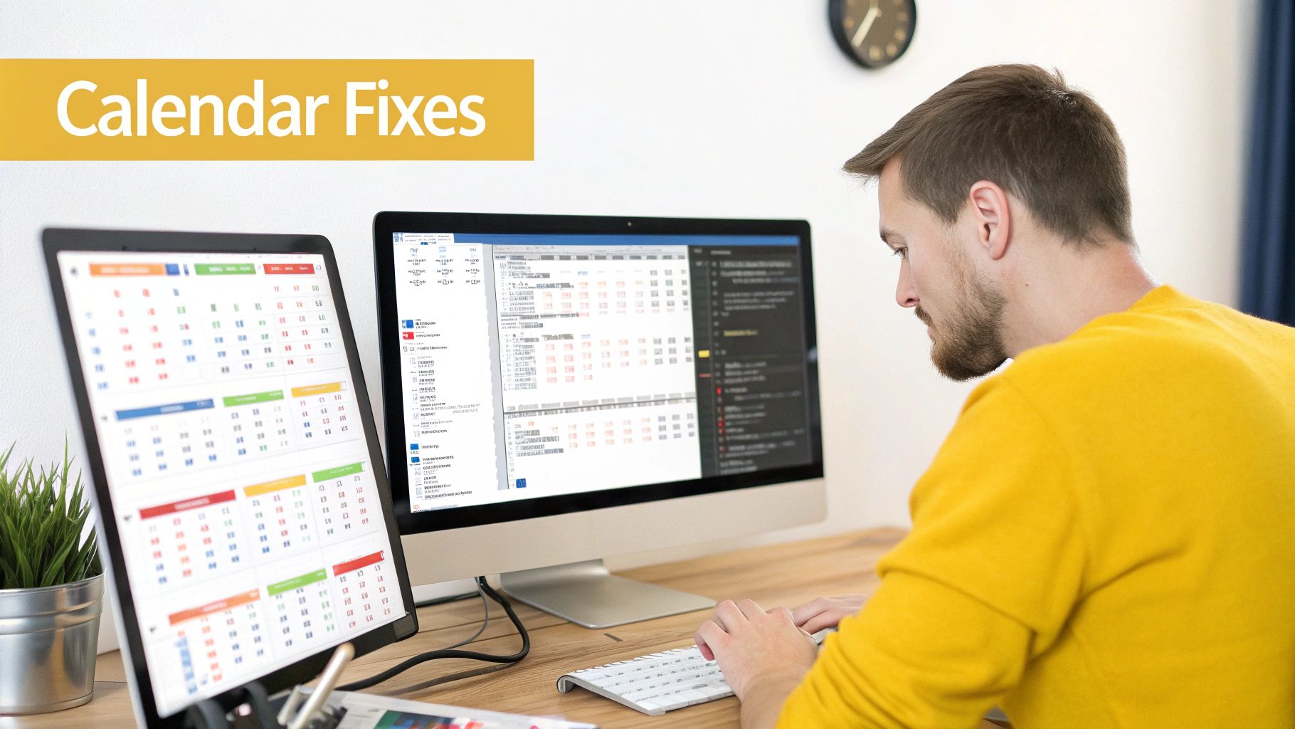 A man in a yellow sweater works on dual monitors displaying calendar applications and code.