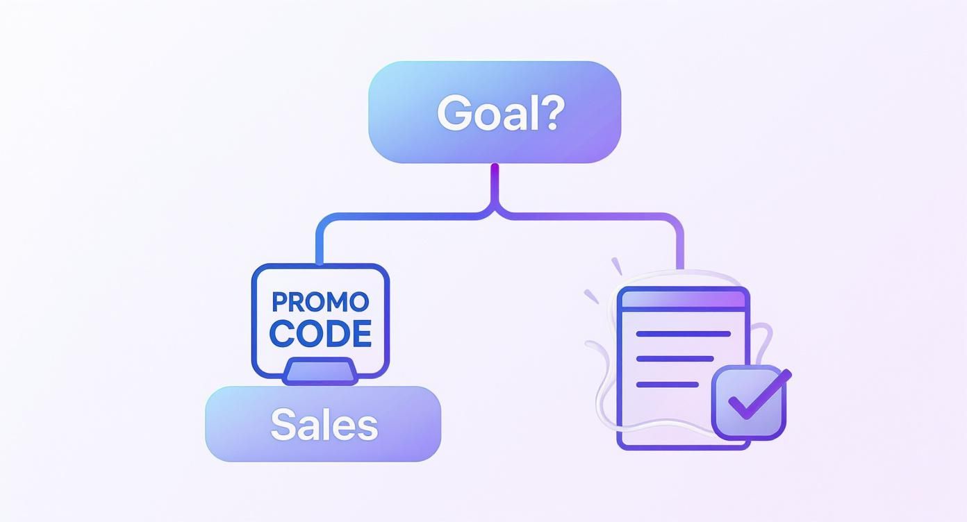 A flowchart illustrating a 'Goal?' branching into 'Promo Code' for 'Sales' and a 'Document' with a 'Checkmark'.