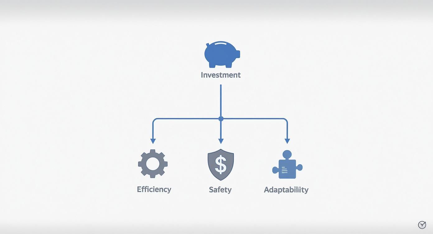 The Ultimate Lista Workbench UK Buyer's Guide 2 A diagram illustrating investment principles, showing Efficiency, Safety, and Adaptability linked to Investment.