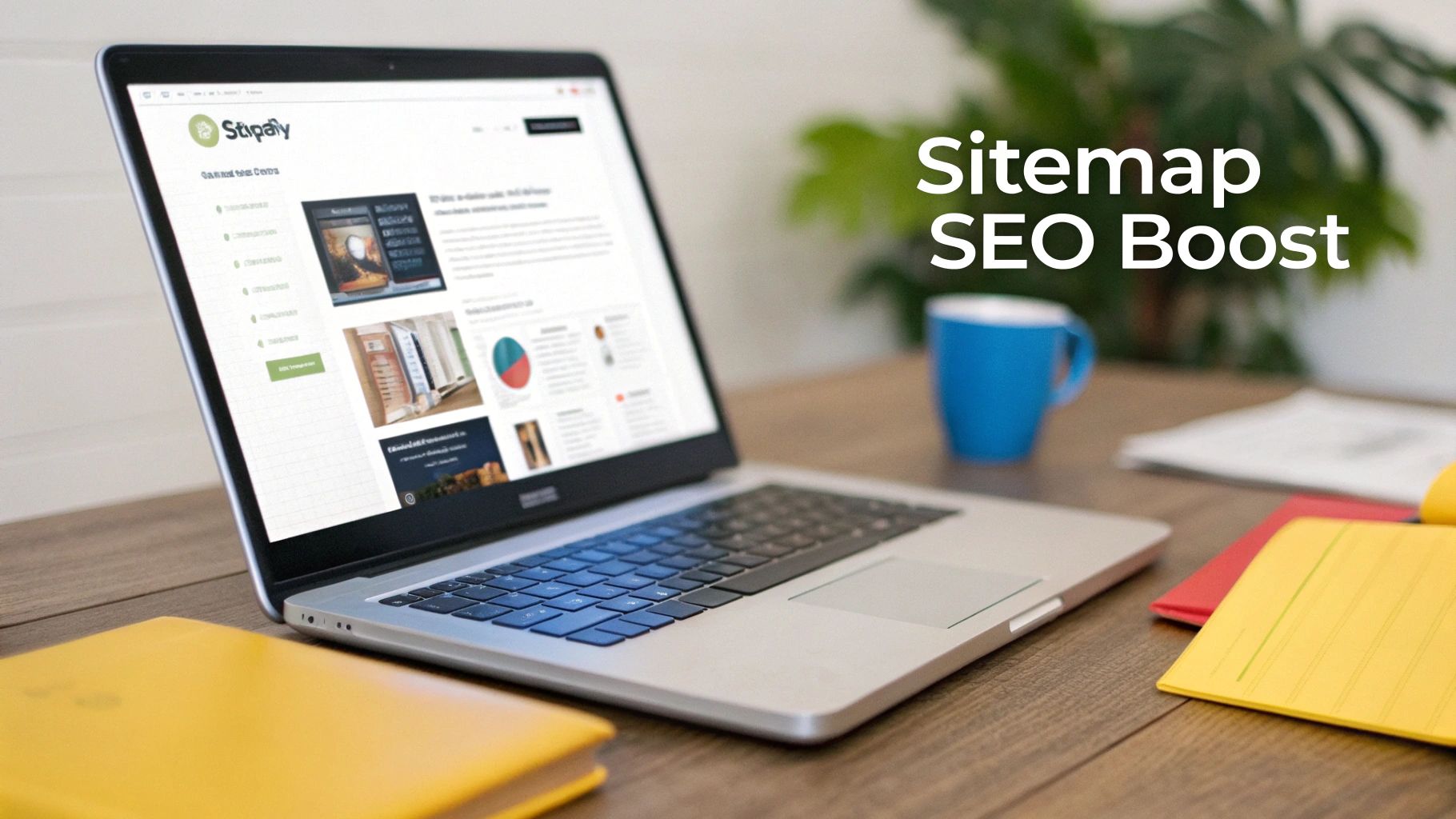 A laptop displaying a 'Stipafly' webpage on a wooden desk with notebooks and a mug, showing 'Sitemap SEO Boost'.