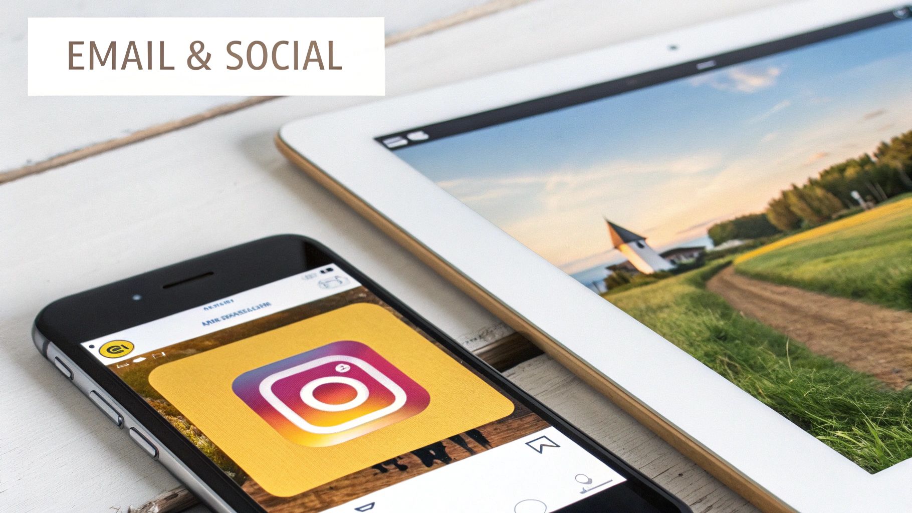 A smartphone showing the Instagram logo next to a tablet with a landscape photo, highlighting email and social media.