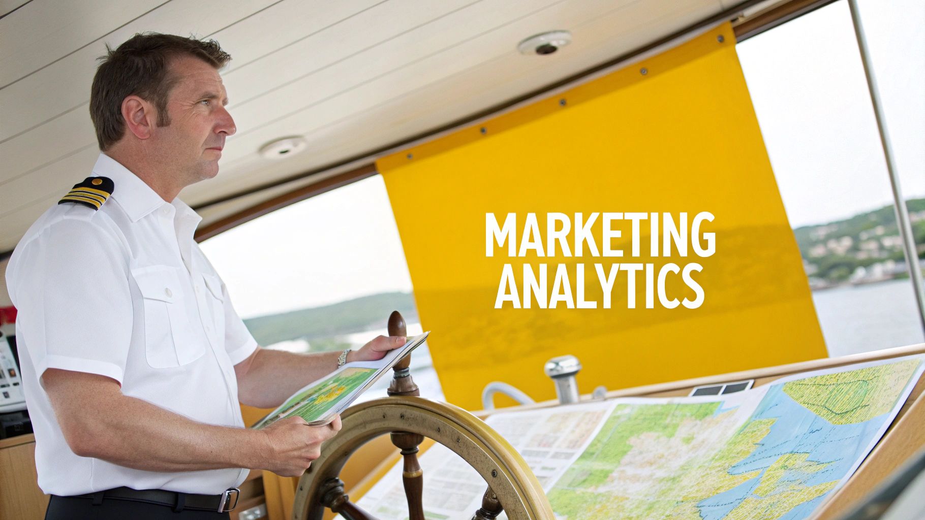 Ship captain reviewing marketing analytics data on tablet while navigating vessel with nautical charts