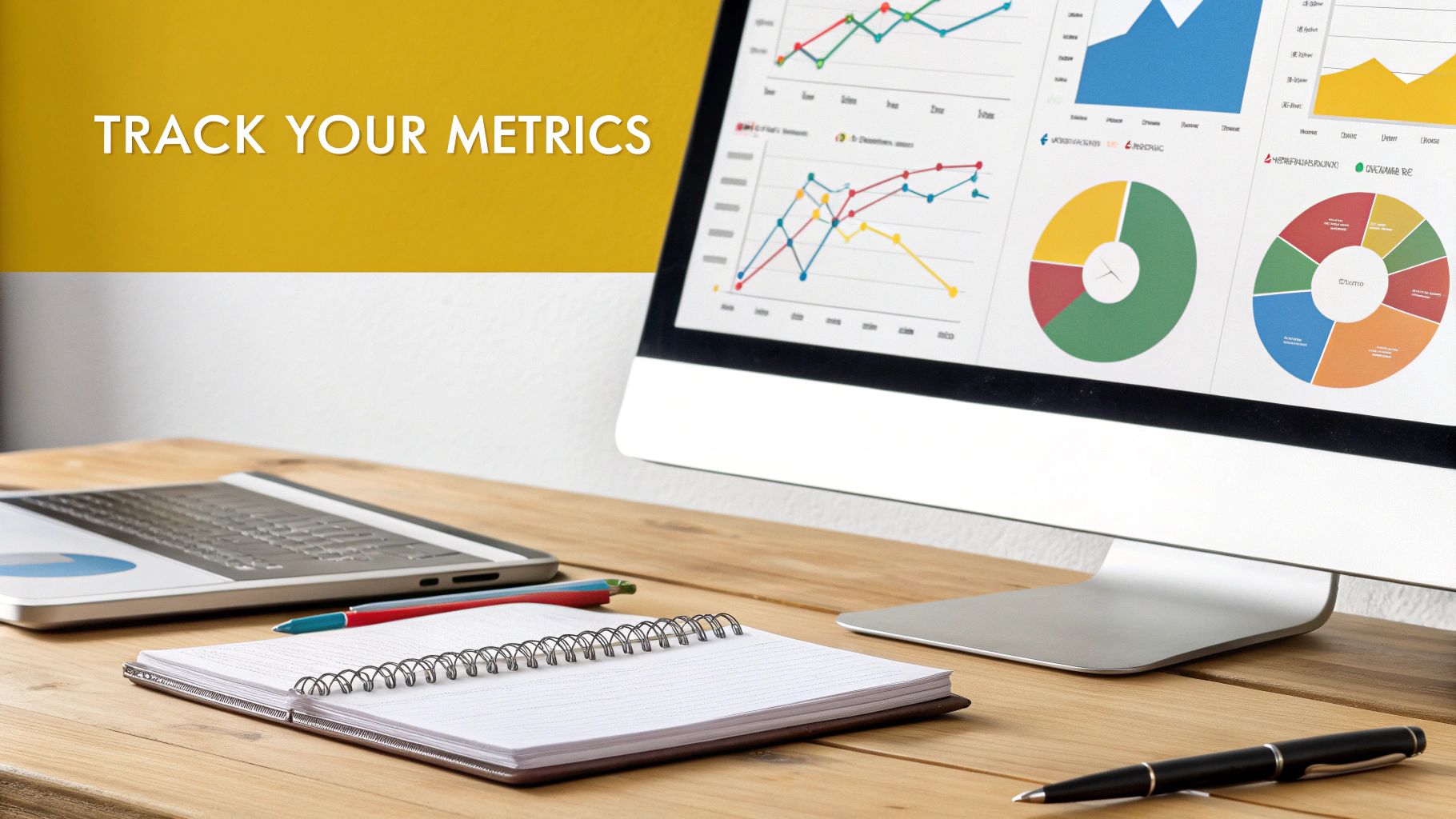 A desk setup with a computer displaying business charts and graphs, a laptop, notebook, and pens, with text 'Track Your Metrics'.