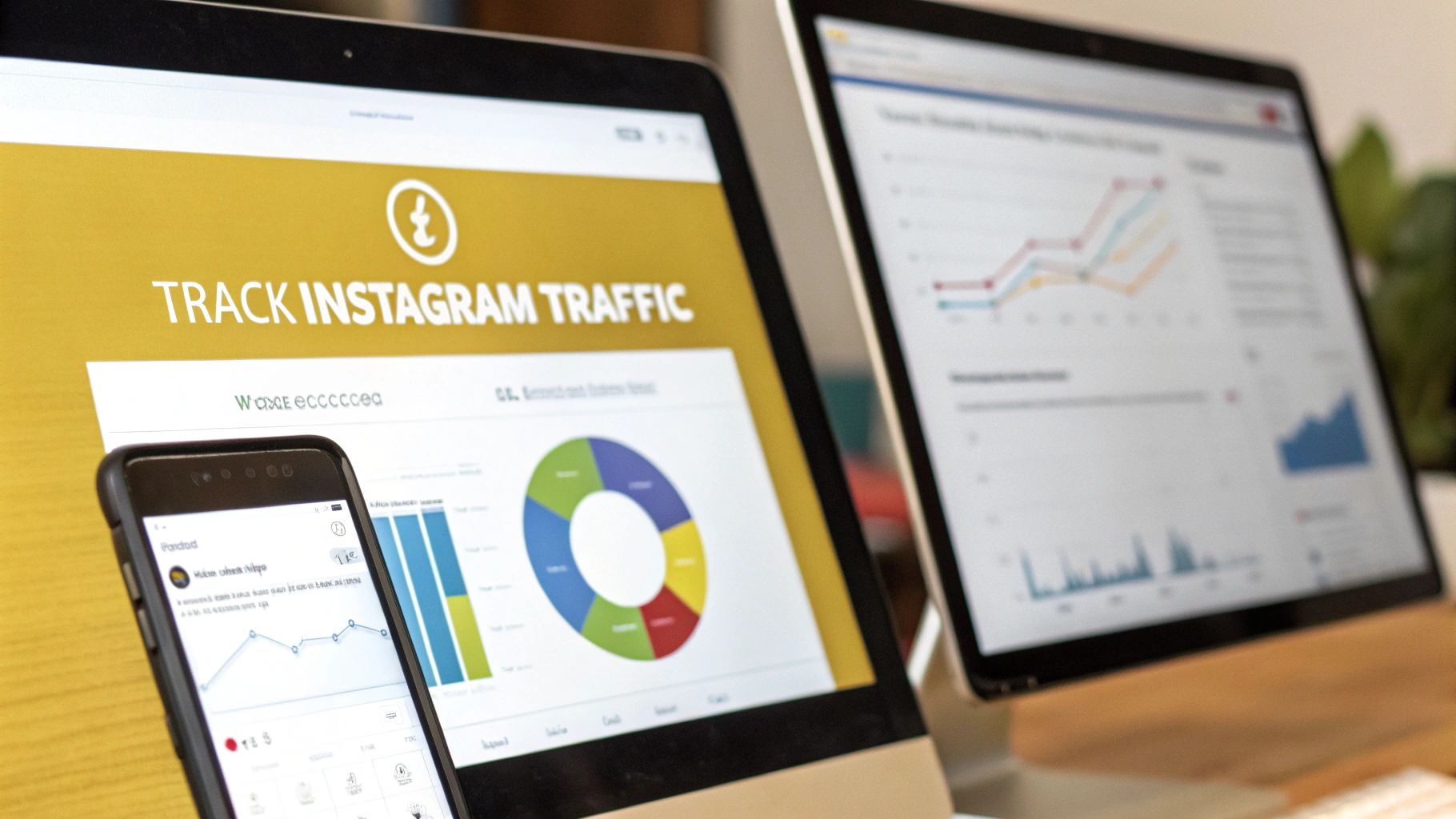 Multiple screens display data analytics dashboards tracking Instagram traffic, charts, and graphs for digital marketing.