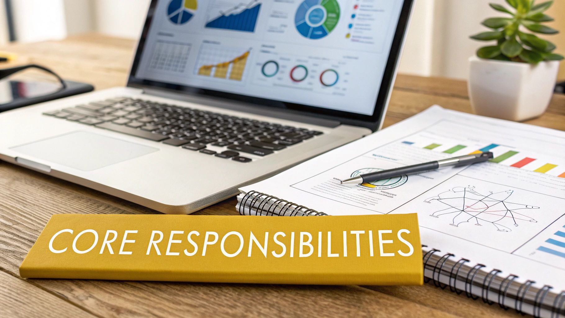 A laptop showing business charts, a notepad with a pen, and a sign saying 'CORE RESPONSIBILITIES' on a wooden desk.
