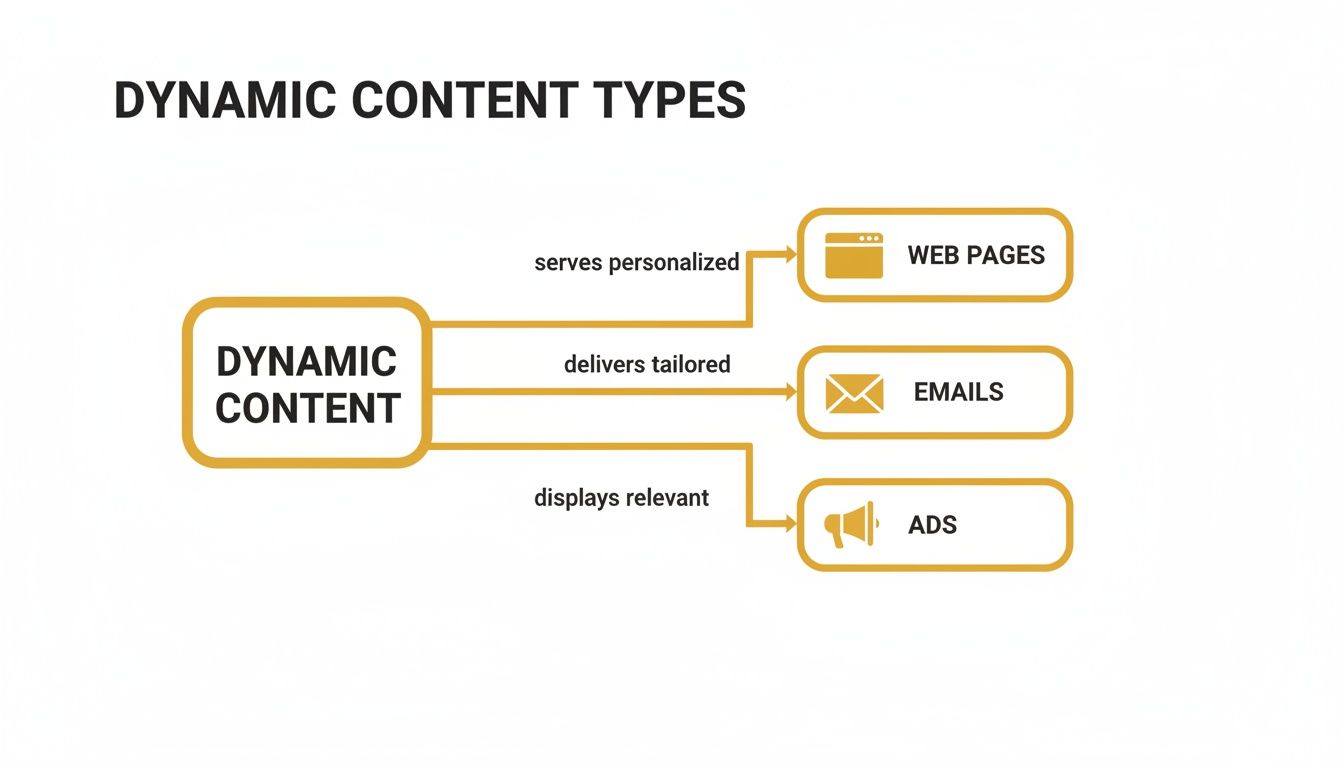 Diagram illustrating dynamic content types including personalized web pages, tailored emails, and relevant ads.