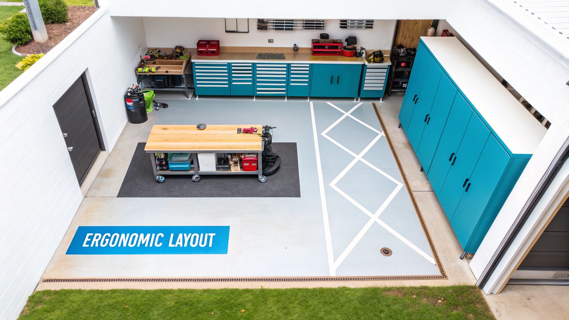 Your Ultimate Guide to Garage Storage Workbenches 4 Overhead view of a modern, organized garage workshop with bright blue storage cabinets, workbenches, and an ergonomic layout.