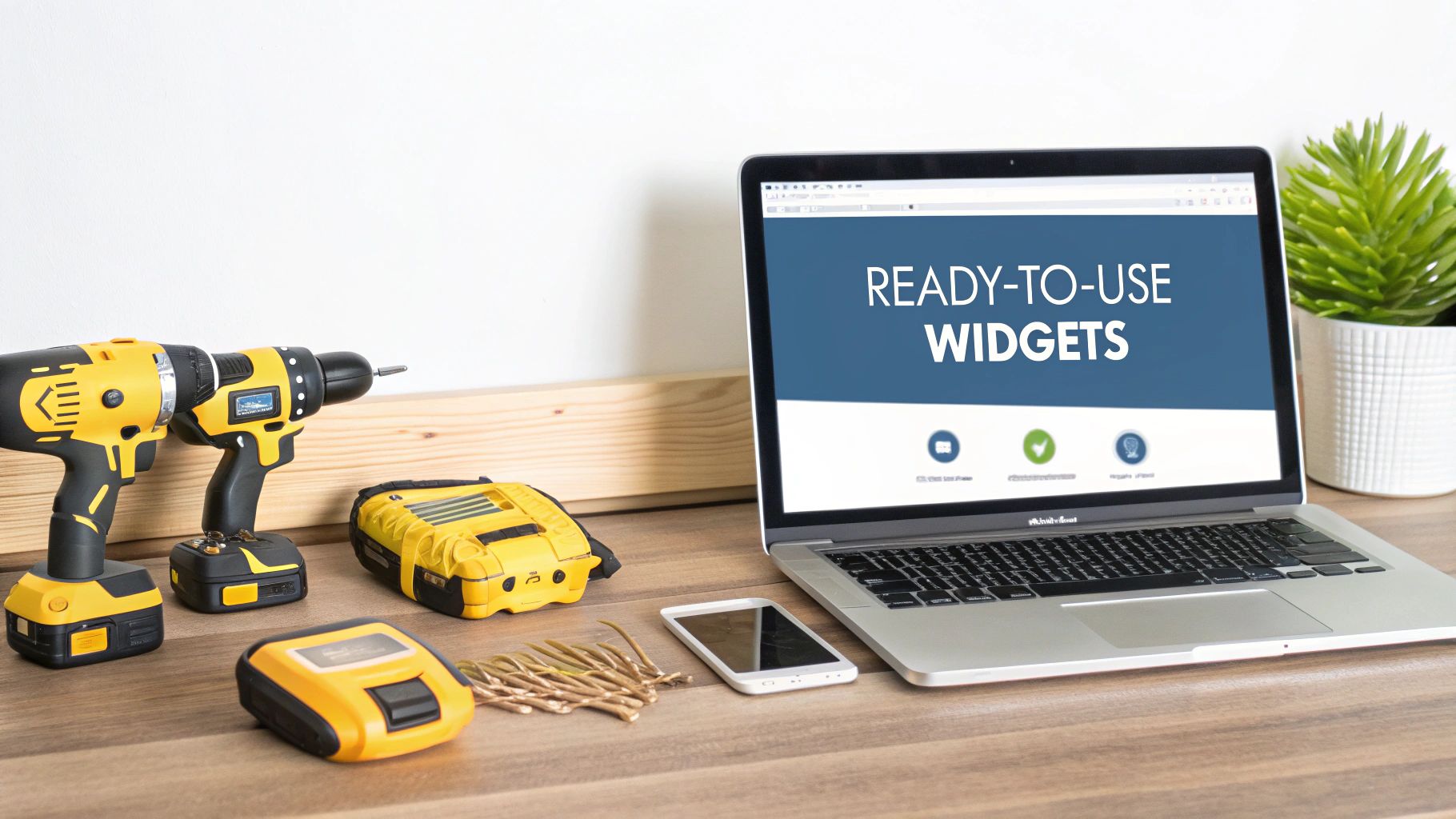 A laptop displaying 'READY-TO-USE WIDGETS' with drills and tech on a wooden desk.