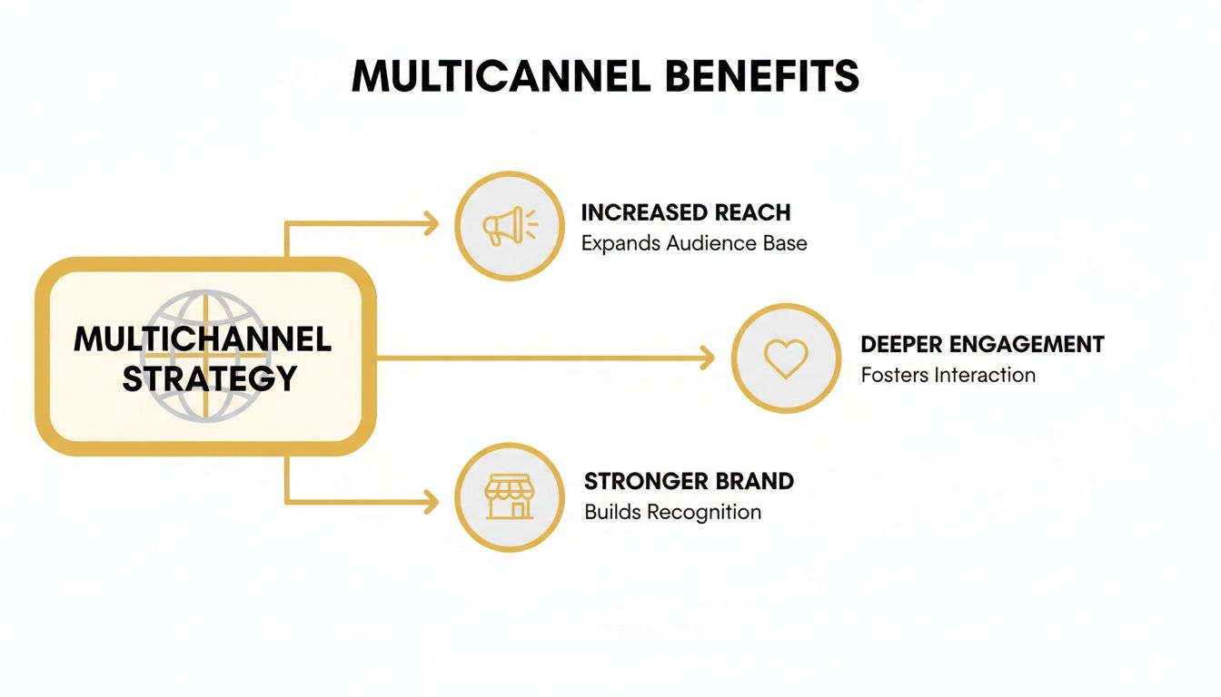 Diagram showing the benefits of a multichannel strategy: increased reach, deeper engagement, and a stronger brand.