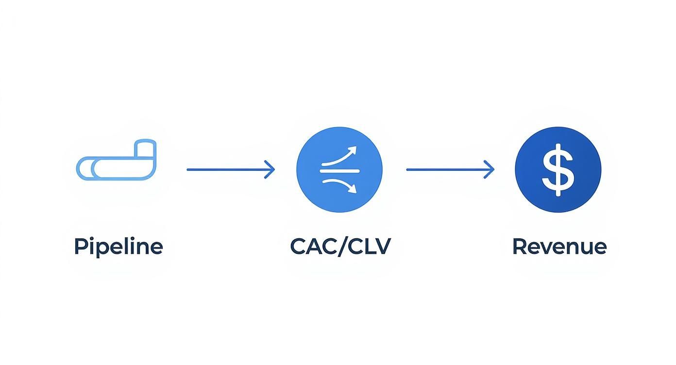 Diagram showing a marketing and sales pipeline, customer acquisition cost/lifetime value, and revenue flow.