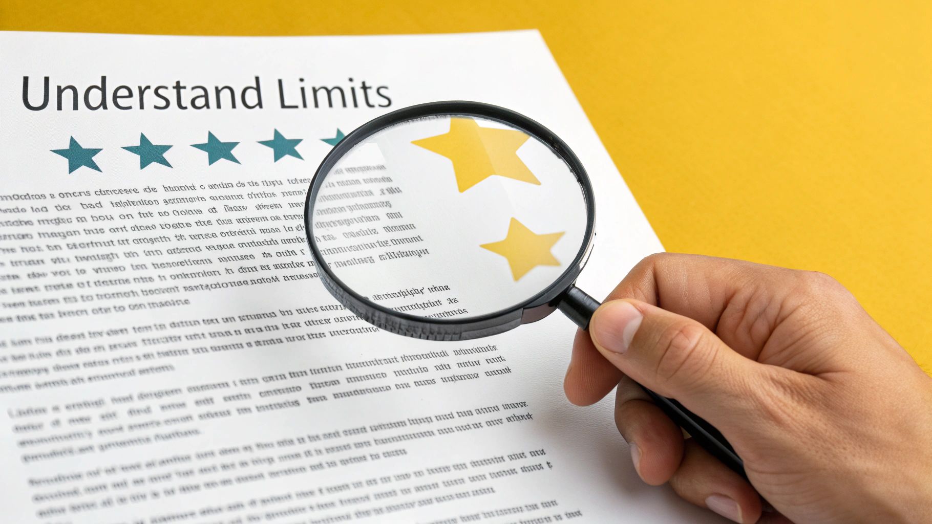 A hand holding a magnifying glass over a document with 'Understand Limits' and magnified yellow stars.