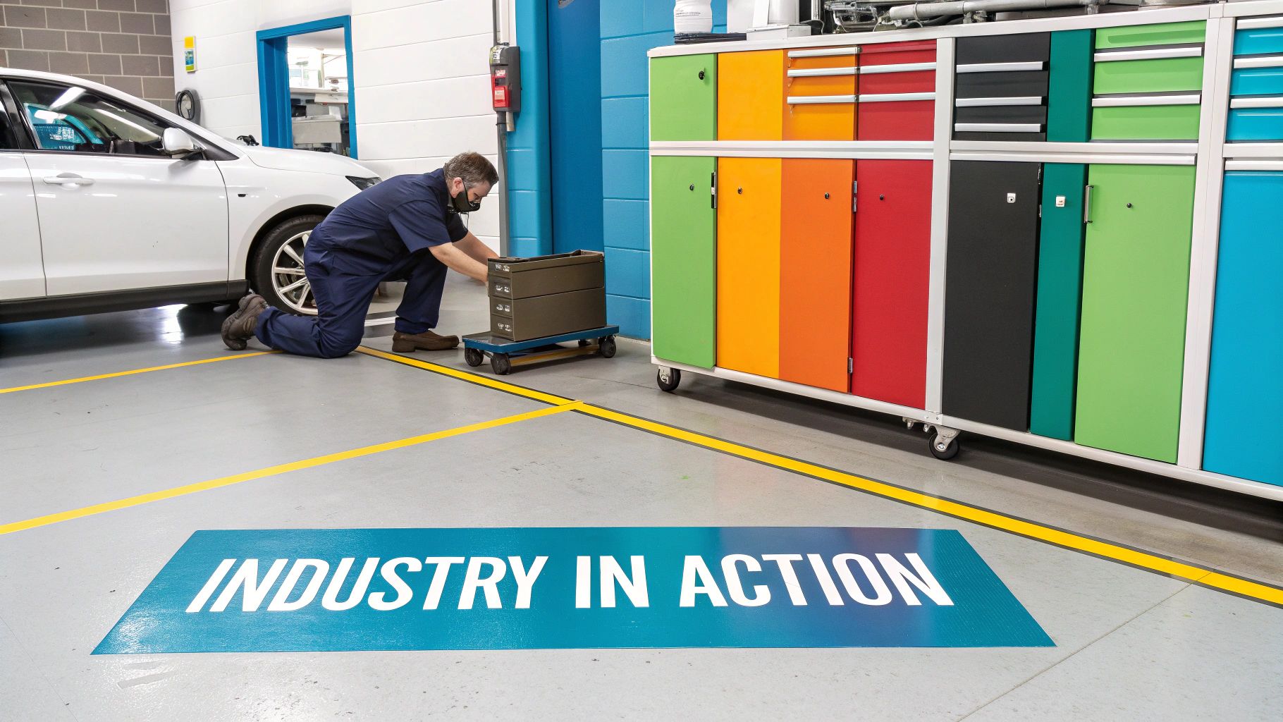 The Ultimate Guide to Lista Workshop Storage 4 A technician in a workshop kneels, moving toolboxes near a car and colorful cabinets.