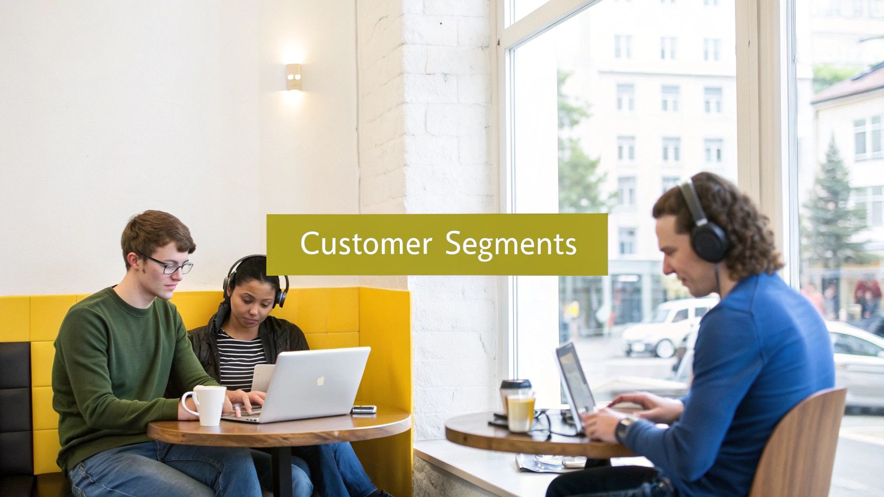 Three young professionals are working on laptops in a bright, modern cafe or co-working space.