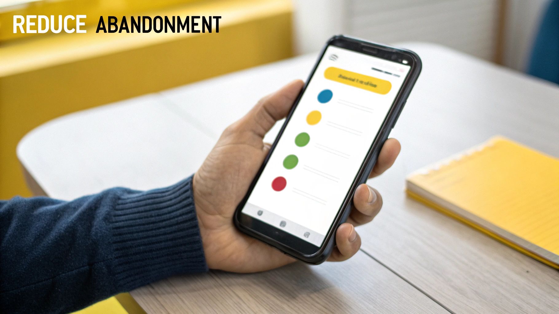 Hand holding a smartphone displaying an app with colored status indicators, on a table with a yellow notebook.