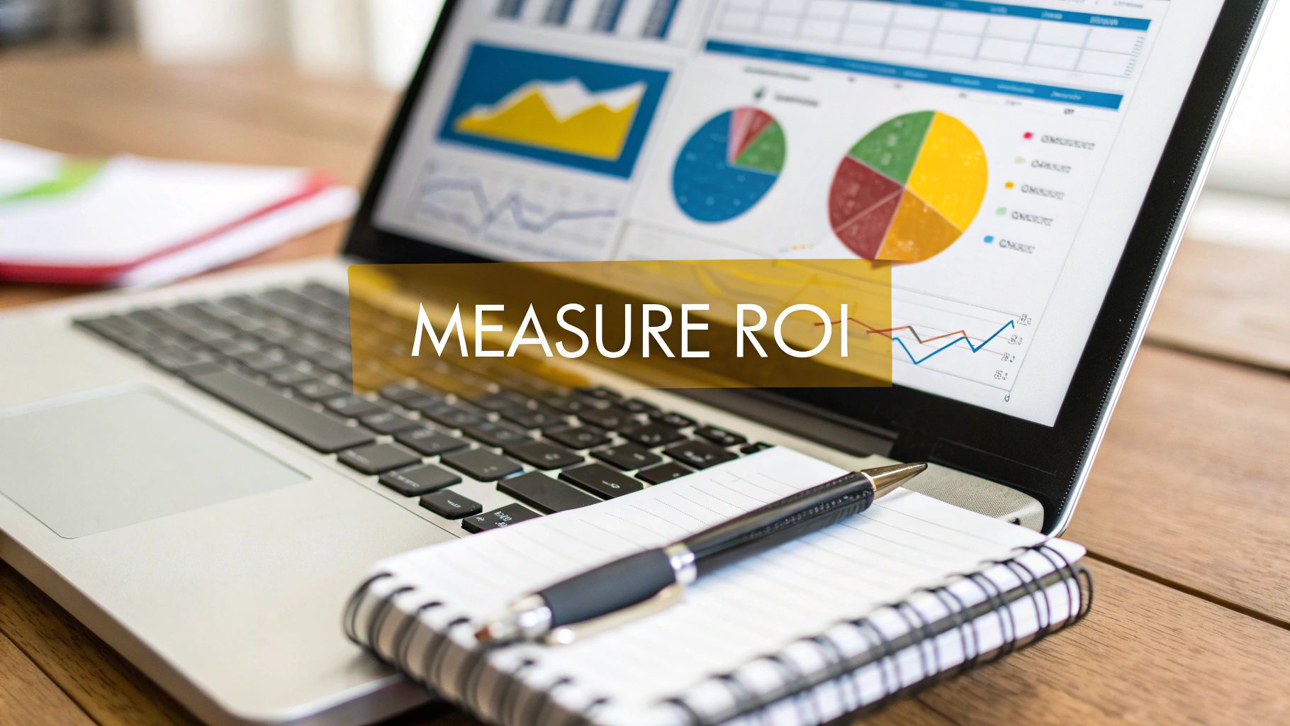 A laptop screen displays marketing ROI charts and graphs next to a notebook and pen.