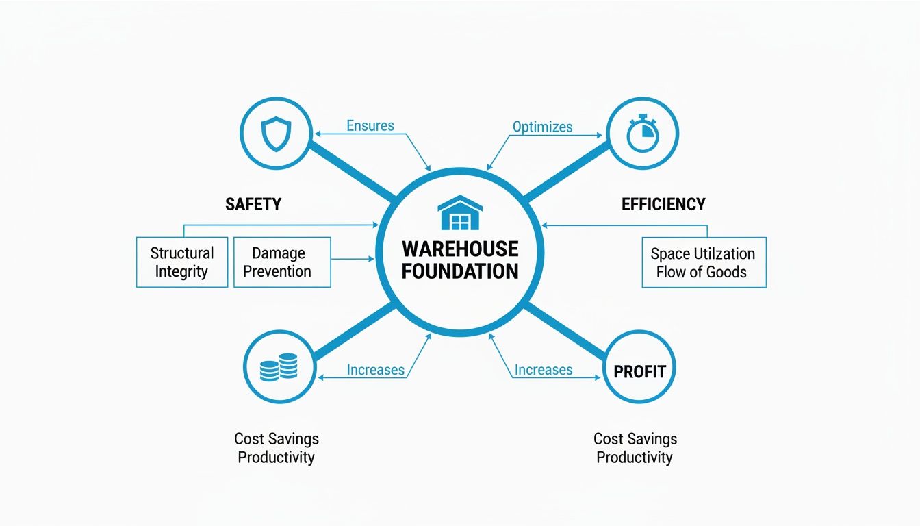 Diagram illustrating how a strong warehouse foundation ensures safety, optimizes efficiency, and increases profit through cost savings and productivity.