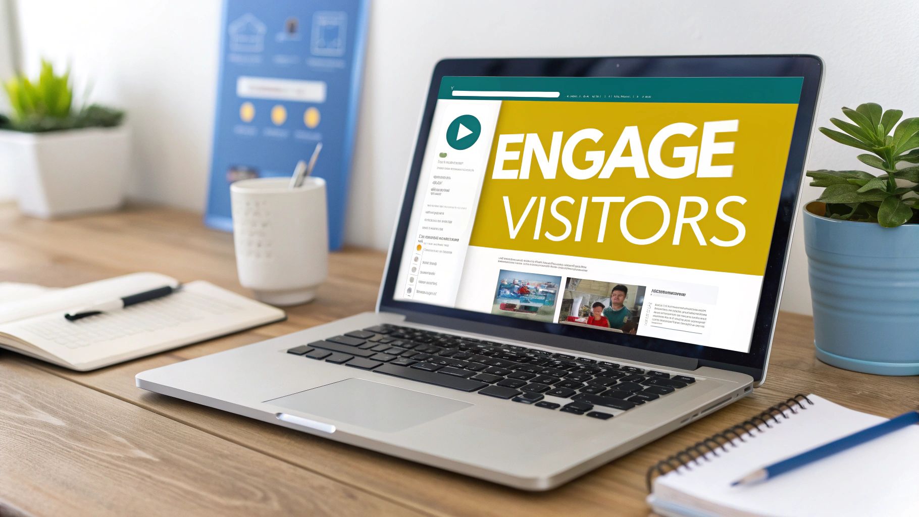 A laptop on a wooden desk displays a website titled 'ENGAGE VISITORS' amidst office stationery.