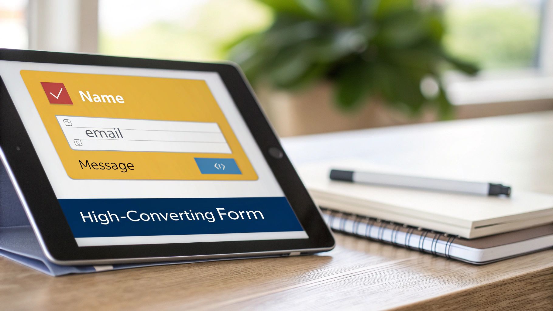 A tablet displays a 'High-Converting Form' with fields for name, email, and message.