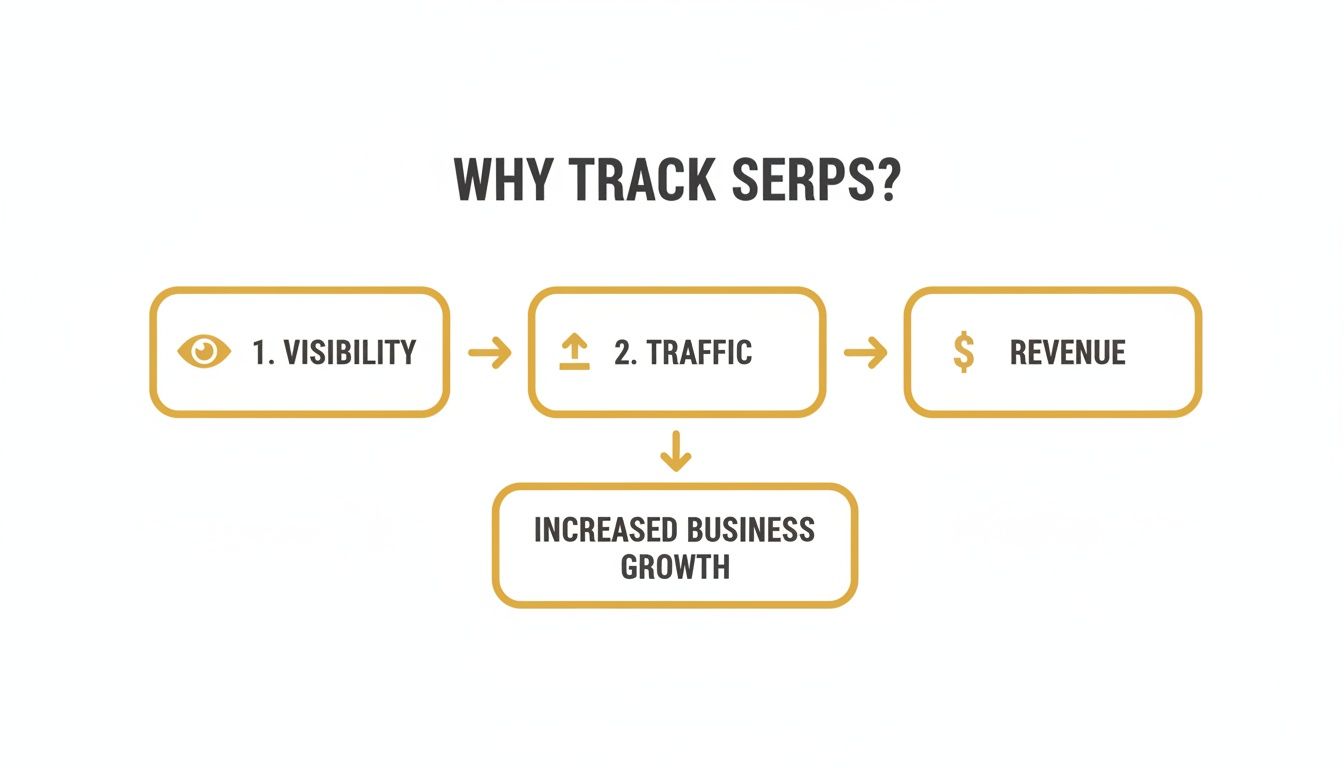 Flowchart illustrating why tracking SERPs leads to increased visibility, traffic, revenue, and business growth.