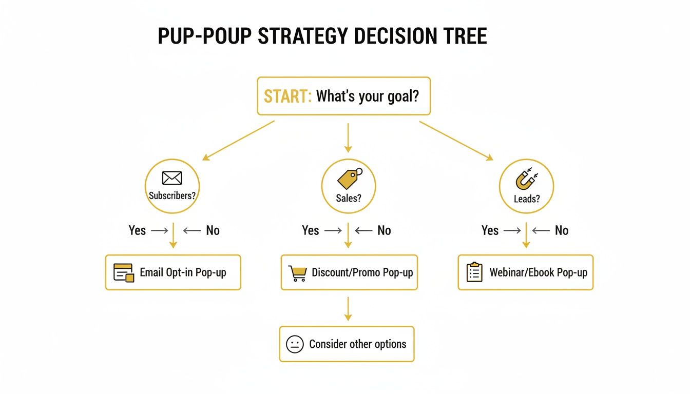 Decision tree for pop-up strategy guiding recommendations based on goals like subscribers, sales, and leads.