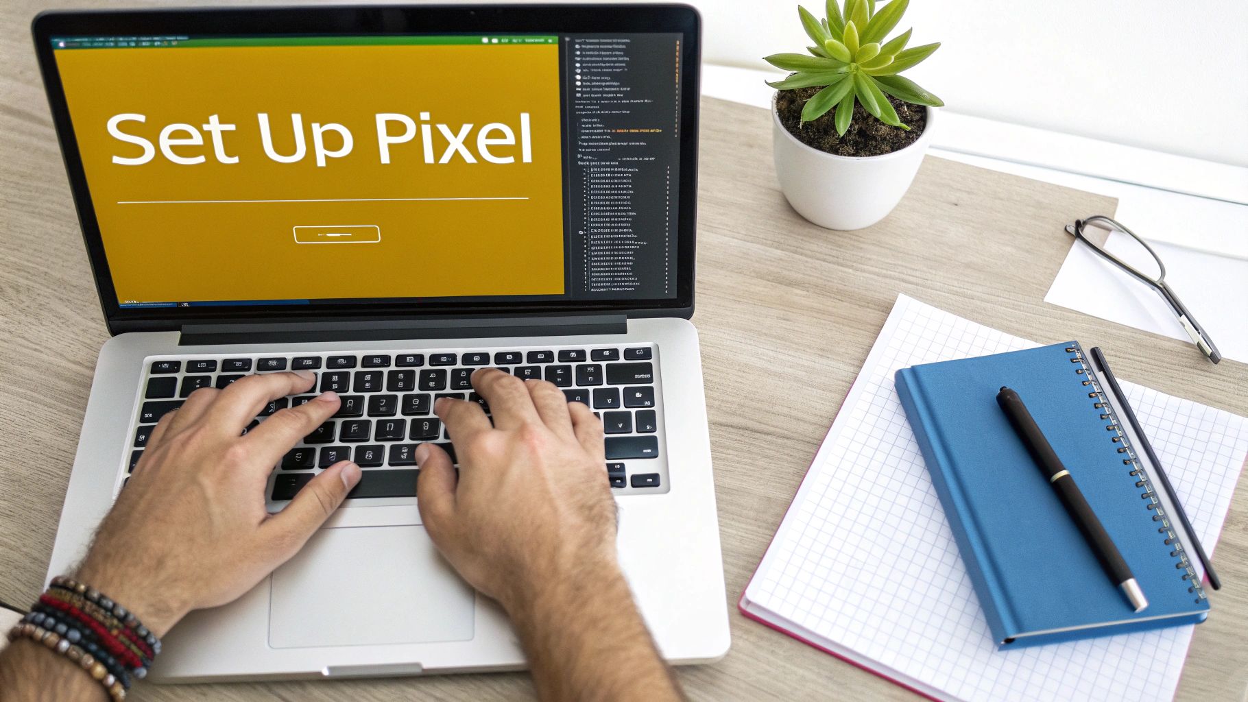 Hands typing on a laptop displaying 'Set Up Pixel' on screen, next to a plant and notebooks.