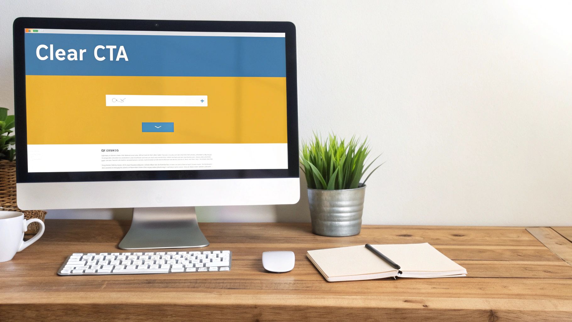 A desktop computer displays a website with a clear call to action on a wooden desk.