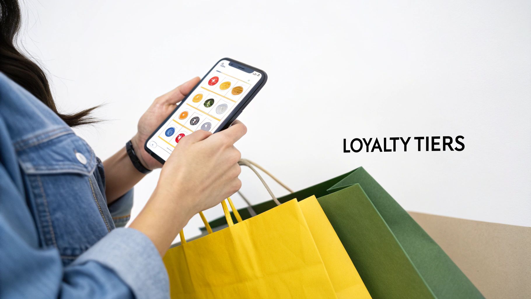 A shopper engaging with a mobile loyalty app displaying tiers while holding shopping bags.