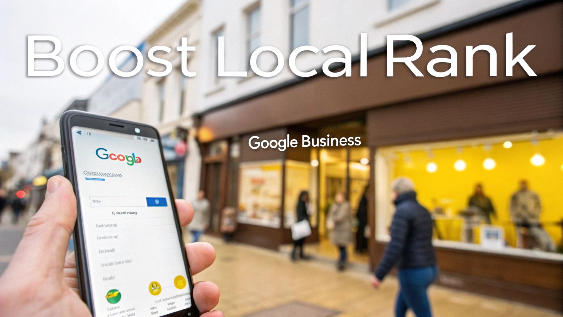Hand holding a smartphone displaying Google Business info on a street with shops, promoting local rank.