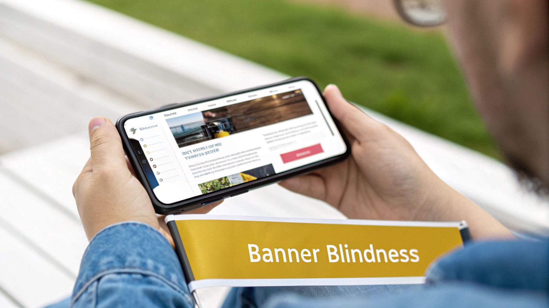 Person holding smartphone displaying website with banner blindness overlay text illustration