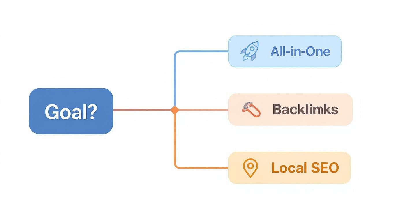 Flowchart illustrating SEO goals: All-in-One, Backlinks, and Local SEO strategies for marketing.