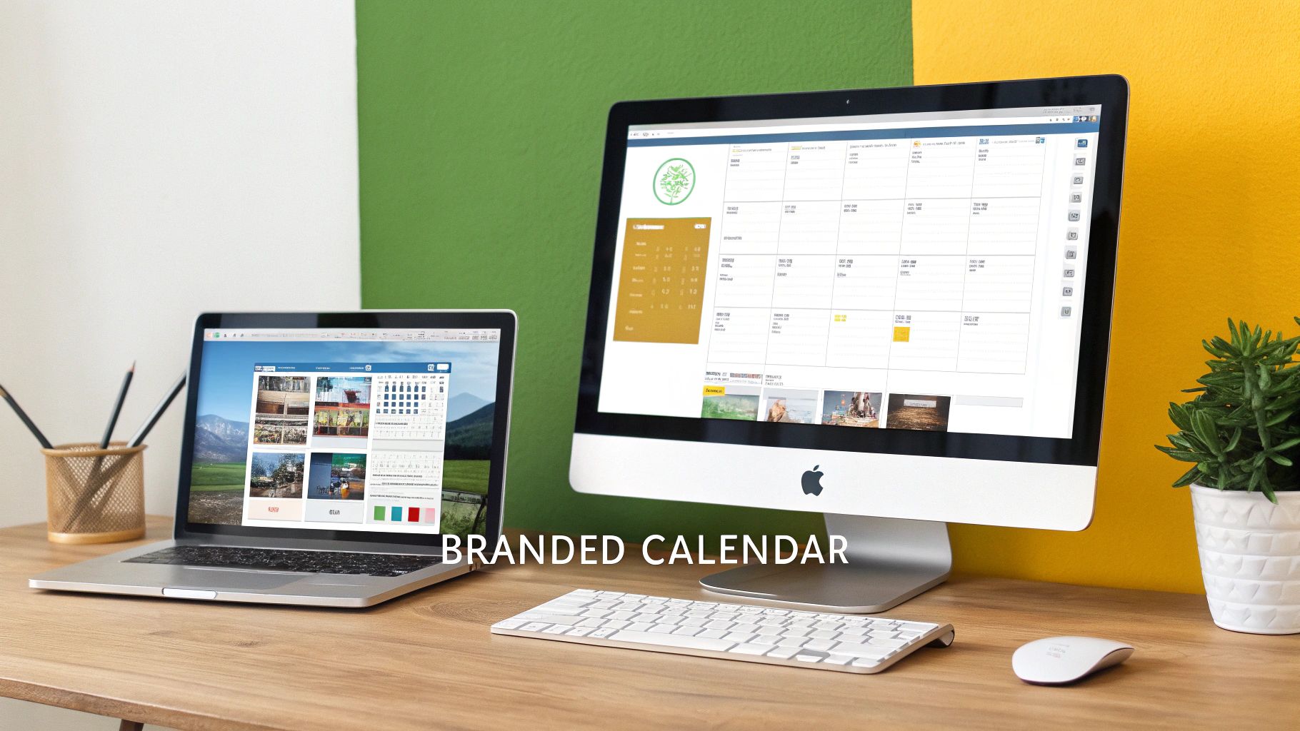 A laptop and a desktop computer displaying a branded calendar interface on a wooden desk.