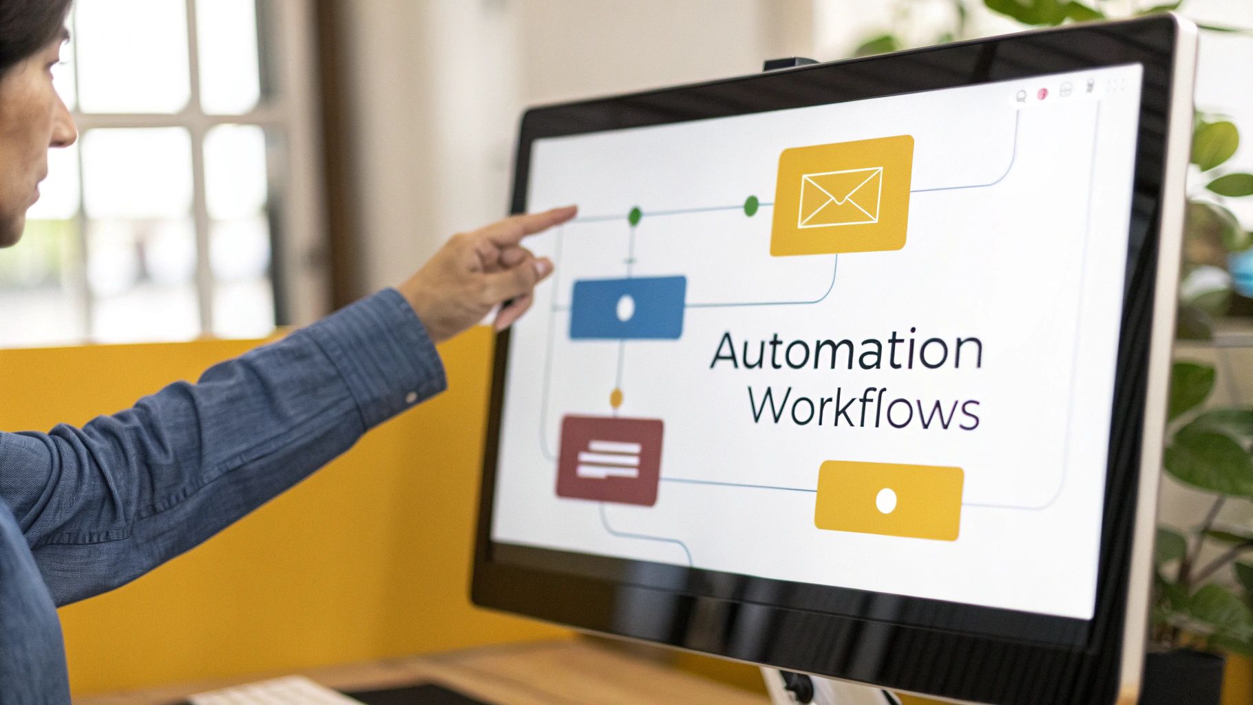 A person points at a computer screen displaying an 'Automation Workflows' diagram with an email icon.