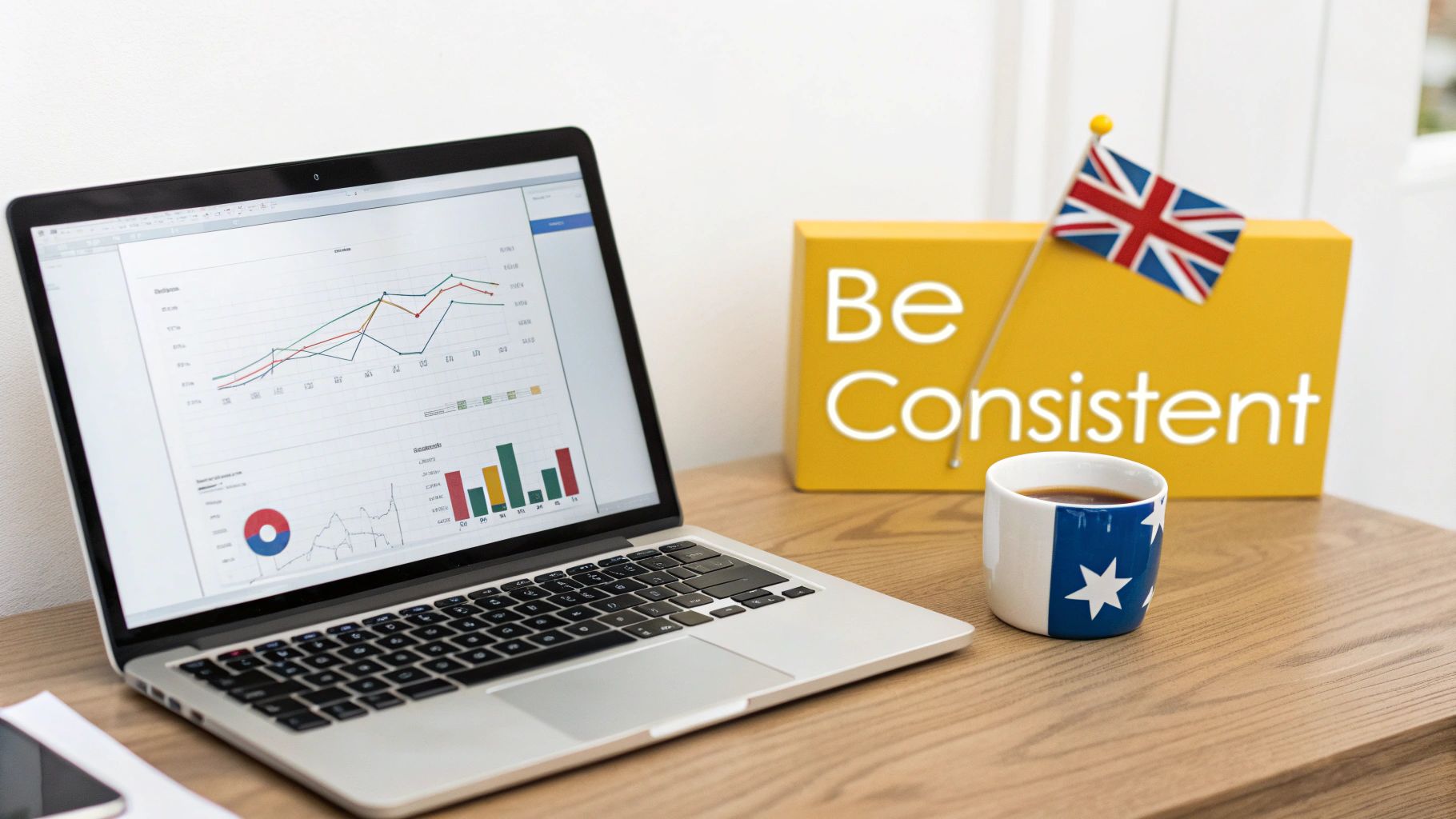 Laptop displaying business graphs, a 'Be Consistent' sign, British flag, and a coffee mug.