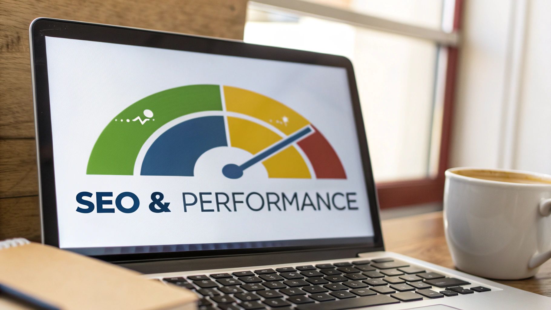 Laptop screen displaying a colorful SEO and Performance gauge with a coffee cup nearby.