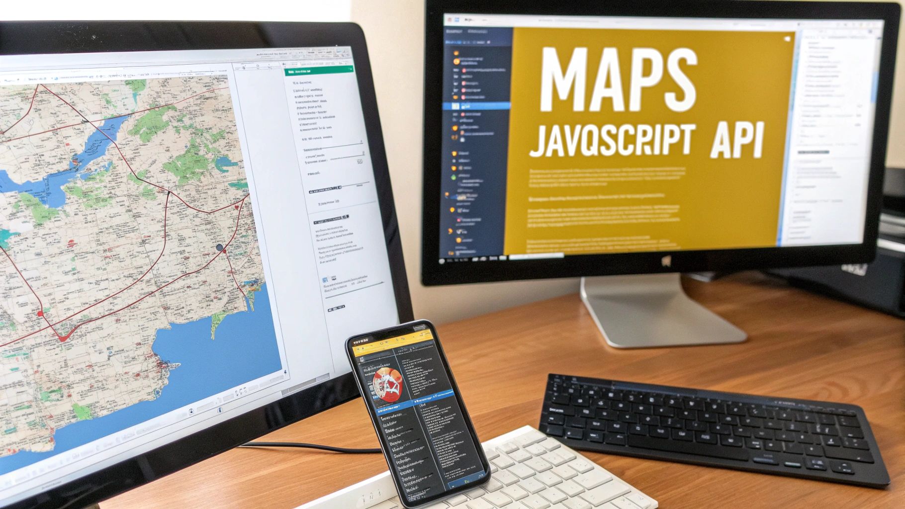 A professional workspace featuring two monitors displaying maps and a web page with a smartphone on a keyboard.
