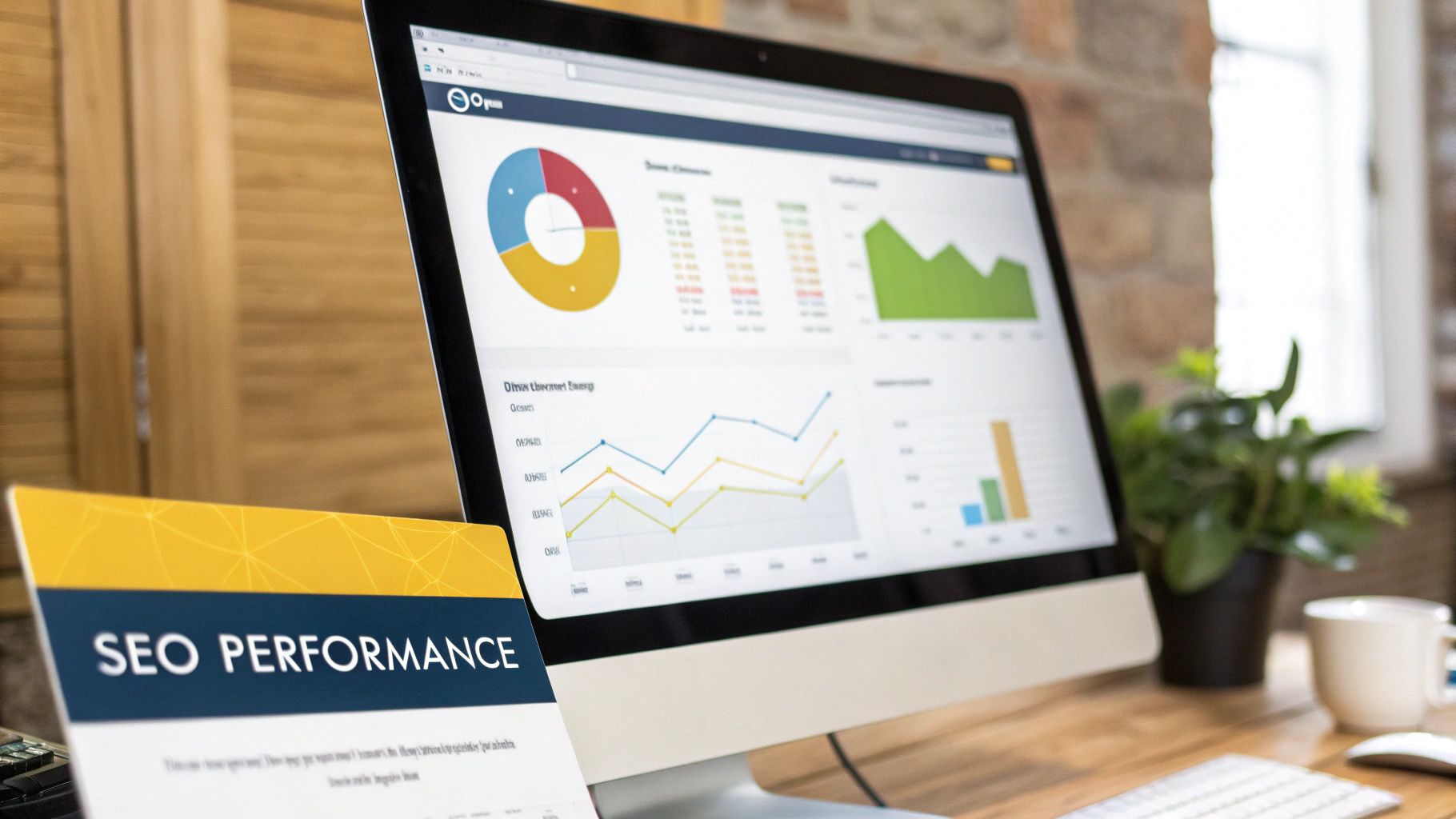 A person analysing a modern SEO performance dashboard with colourful charts and graphs.