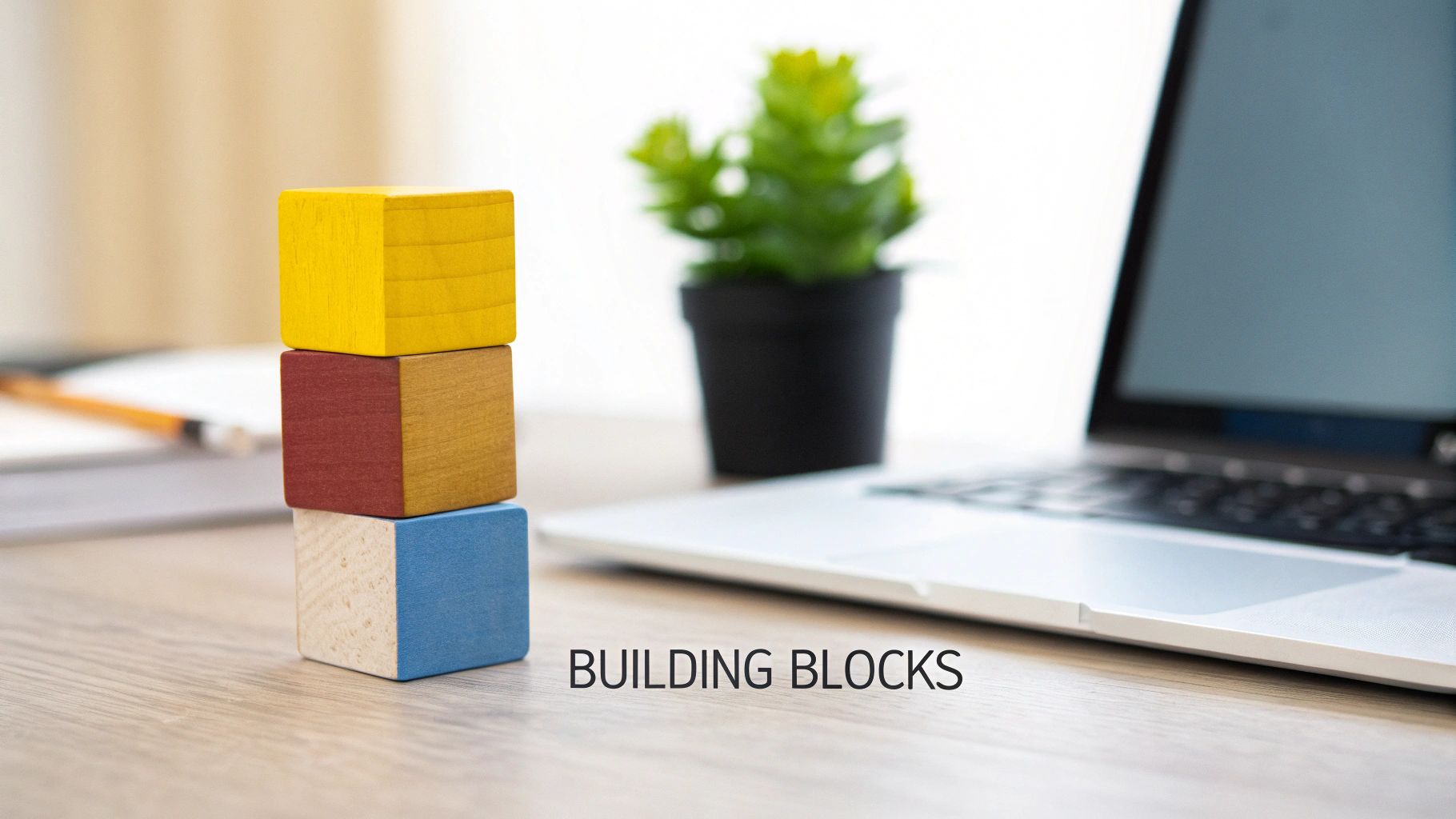 Stack of colorful wooden blocks on a desk with a laptop, plant, and papers, illustrating building concepts.