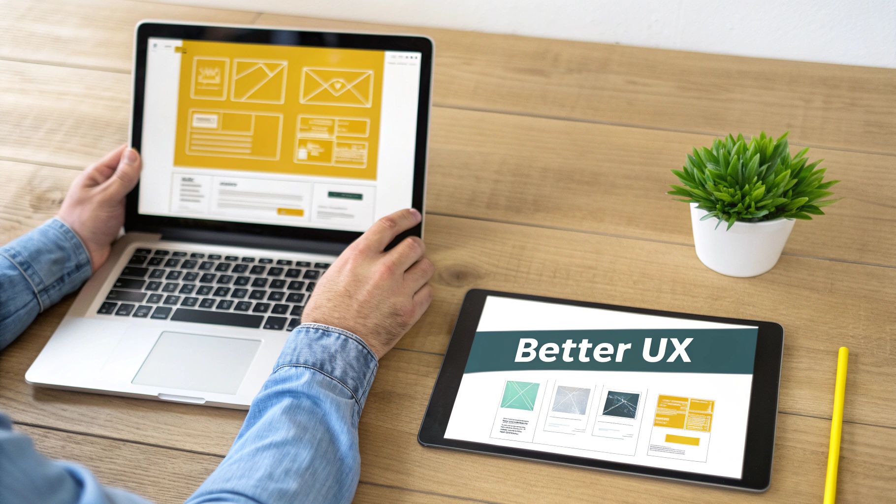 Person designing website wireframes on laptop, optimizing user experience with a tablet displaying 'Better UX'.